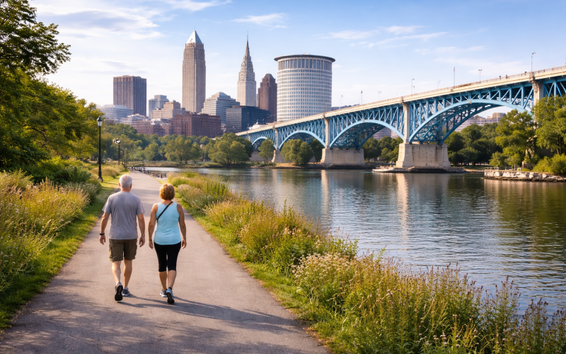 couple on riverfront walking path