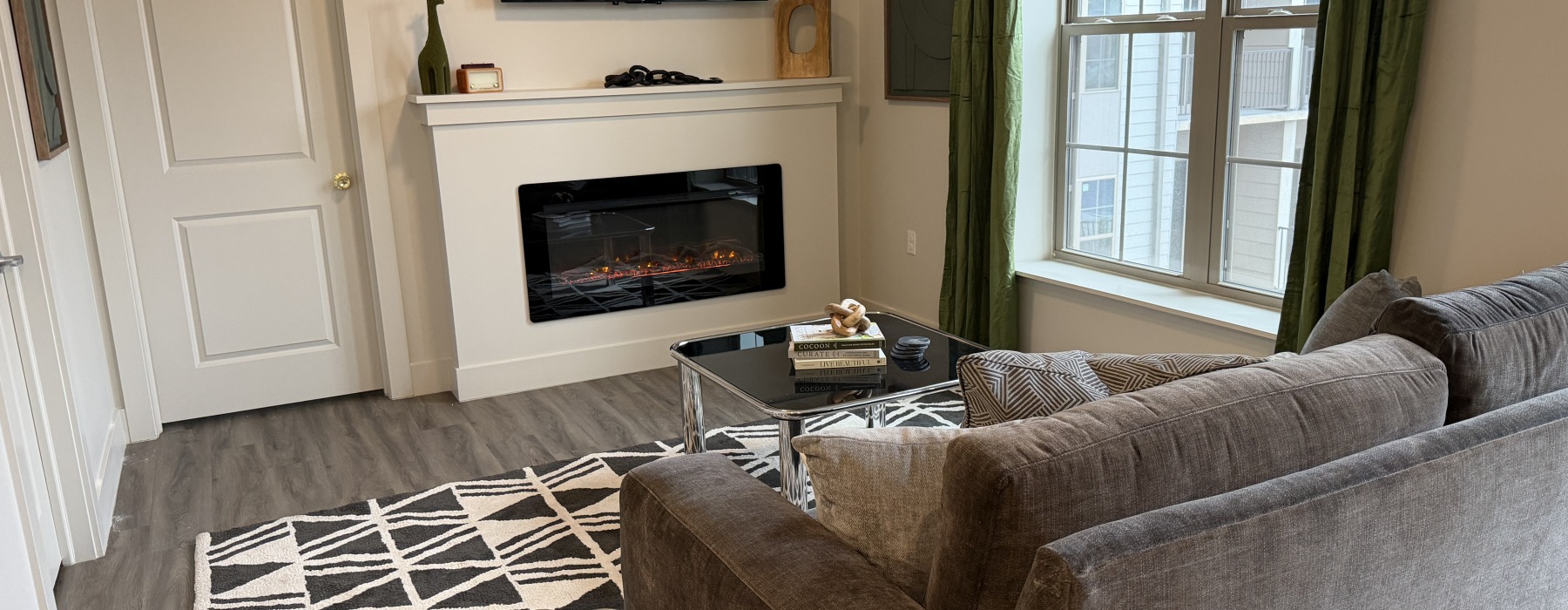 living room and fireplace