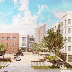 a large building with a parking lot